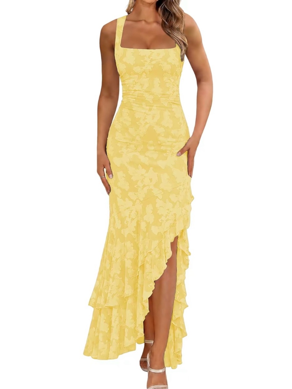 Yellow  Floral Burnout Ruffle Maxi Dress Square Neck Ruched Mermaid Small